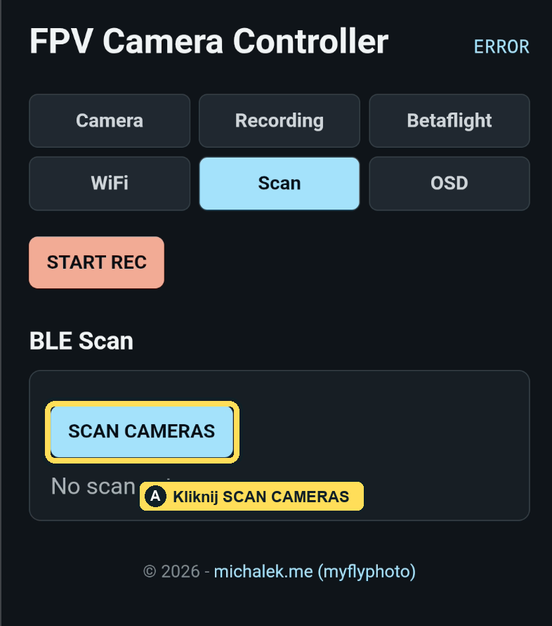 Krok A: zakładka Scan z zaznaczonym przyciskiem SCAN CAMERAS.